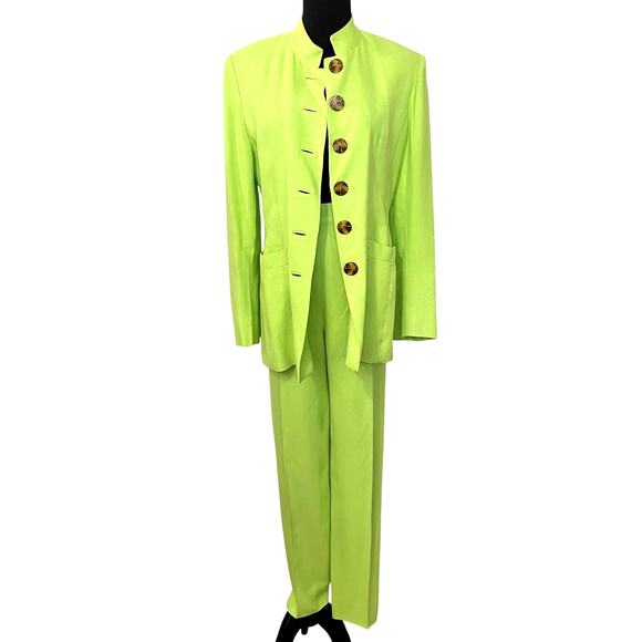 Vintage 90s Paola Quadretti Blazer & Trousers Suit Set Citron Neon Green Retro - Picture 1 of 16